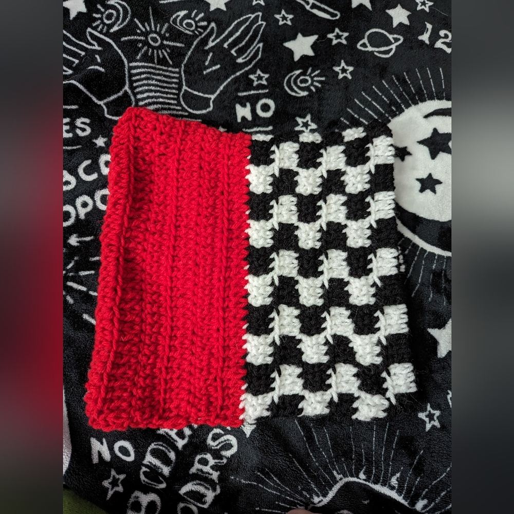 Checkerboard split color crochet cat ear beanie